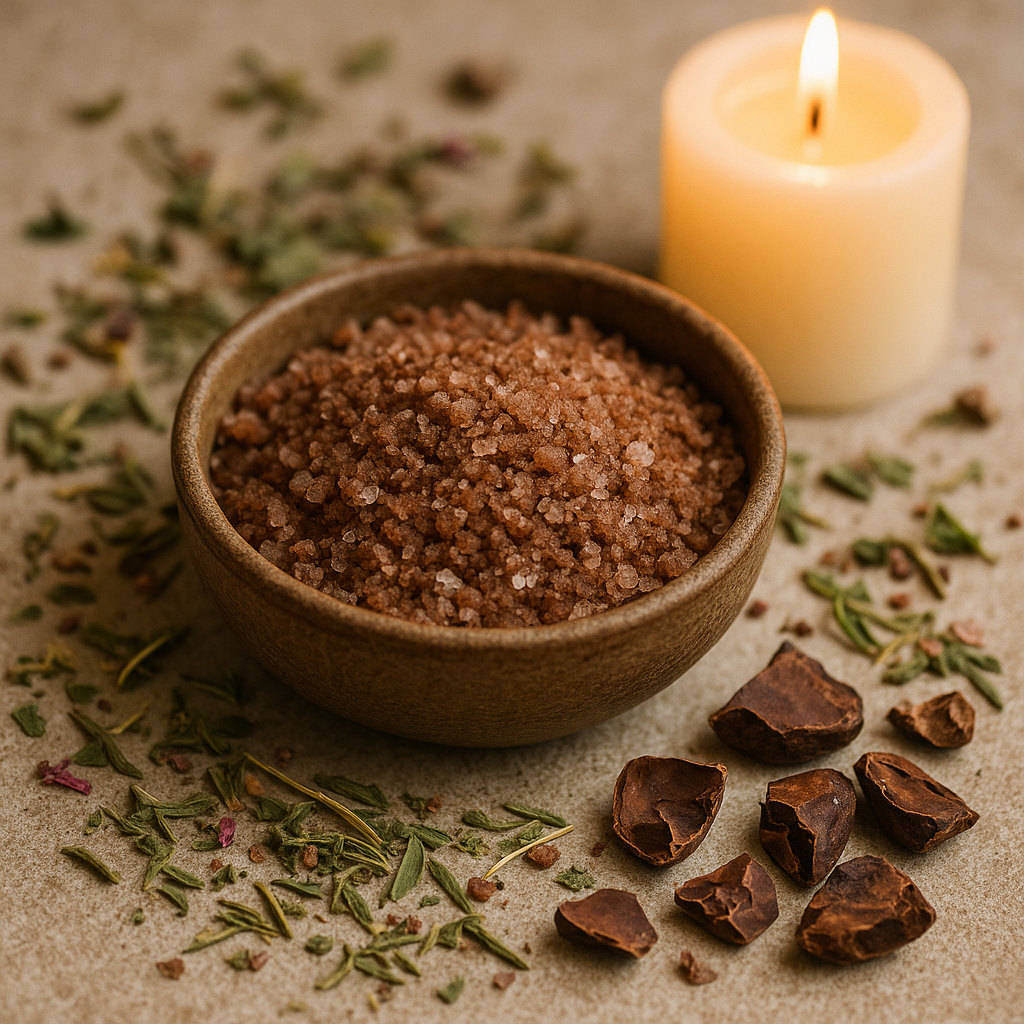 Sól do kąpieli z kakao i ziołami w ceramicznej miseczce